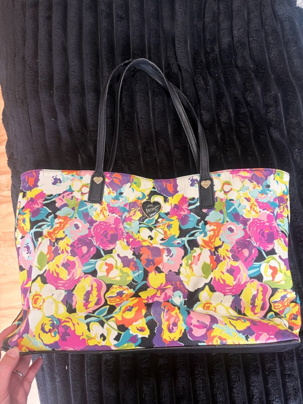 Betsy Johnson Floral Canvas Tote Bag with Black Handles
